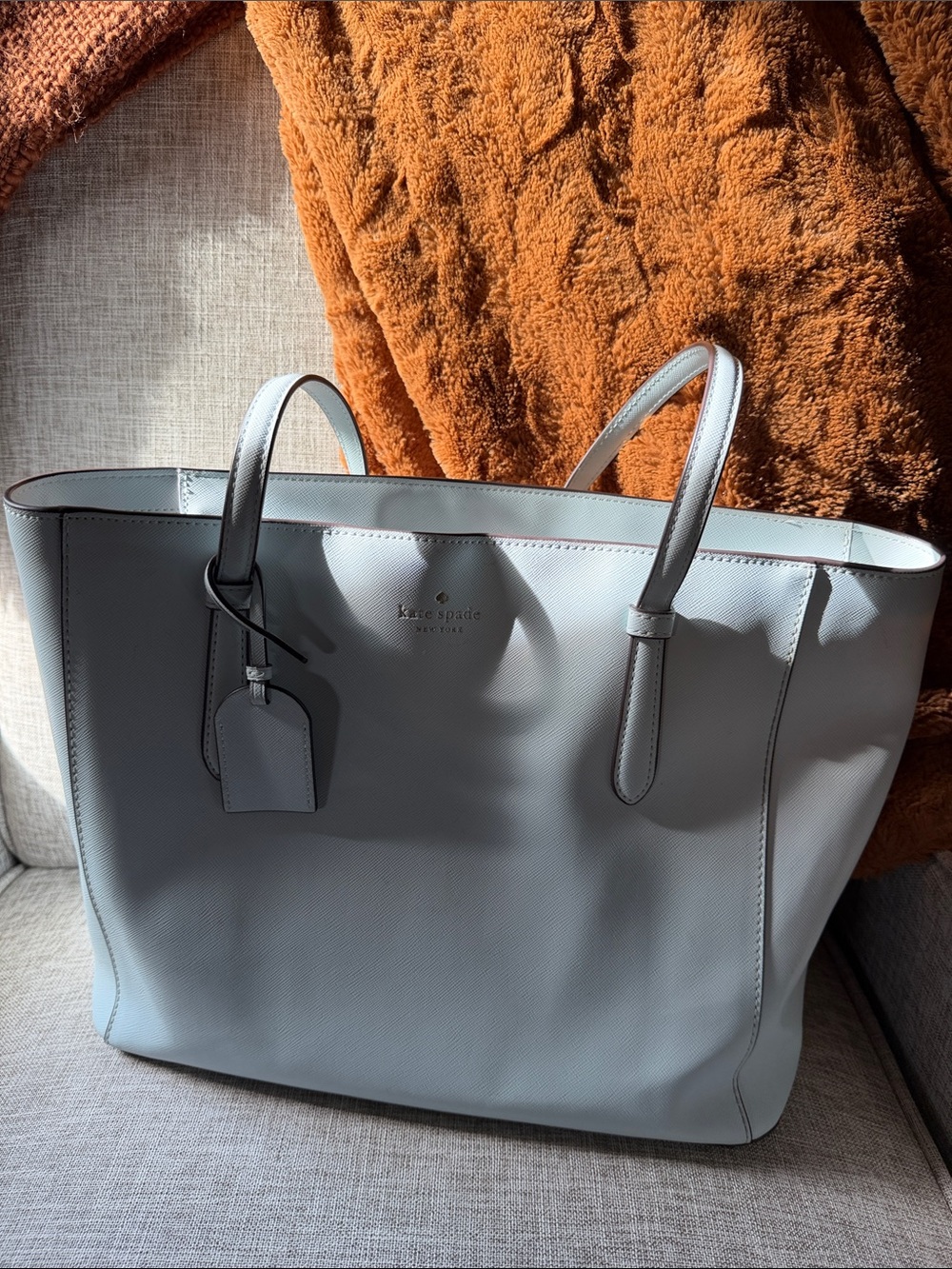 Kate Spade Light Blue Leather Tote with Luggage Tag